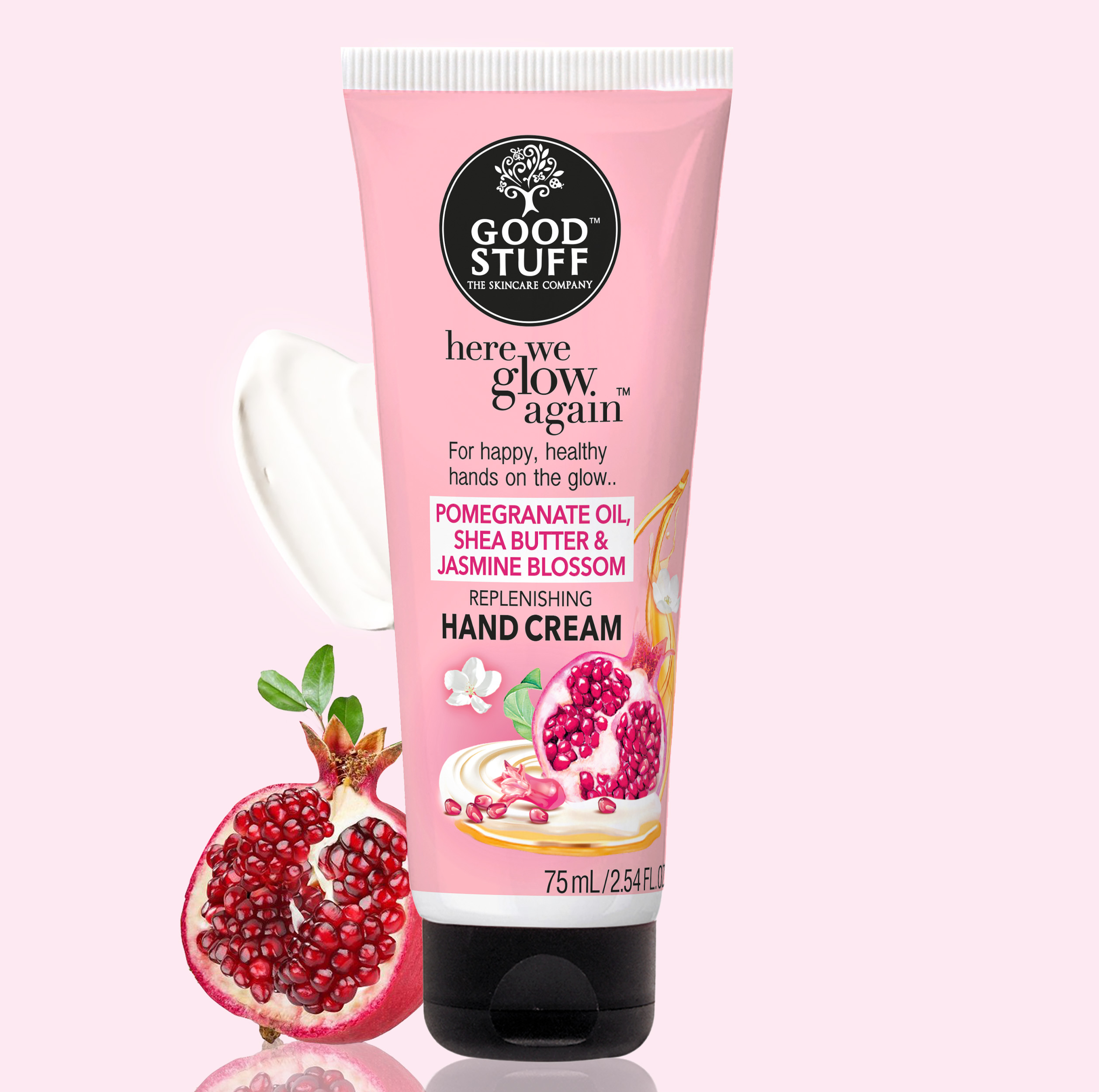 Good Stuff Here We Glow Again Hand Cream with Pomegranate Oil. Shea Butter & Jasmine Blossom