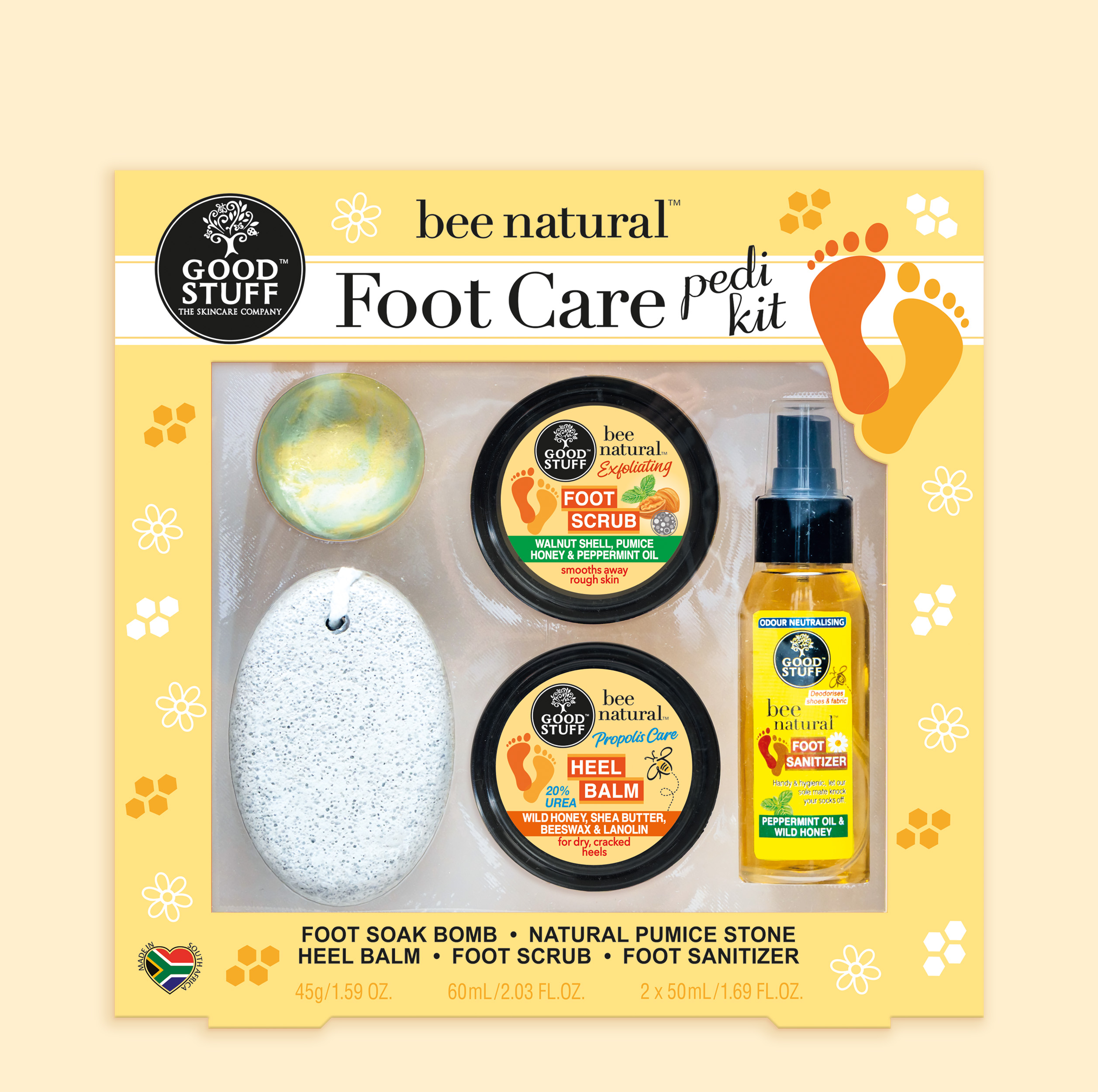 Good Stuff Bee Natural Wild Honey & Vanilla Yoghurt Foot Care Pedi Kit with Foot Soak Bath Bomb, Natural Pumice Stone, Heel Balm, Foot Scrub and Foot Sanitizer Spray.