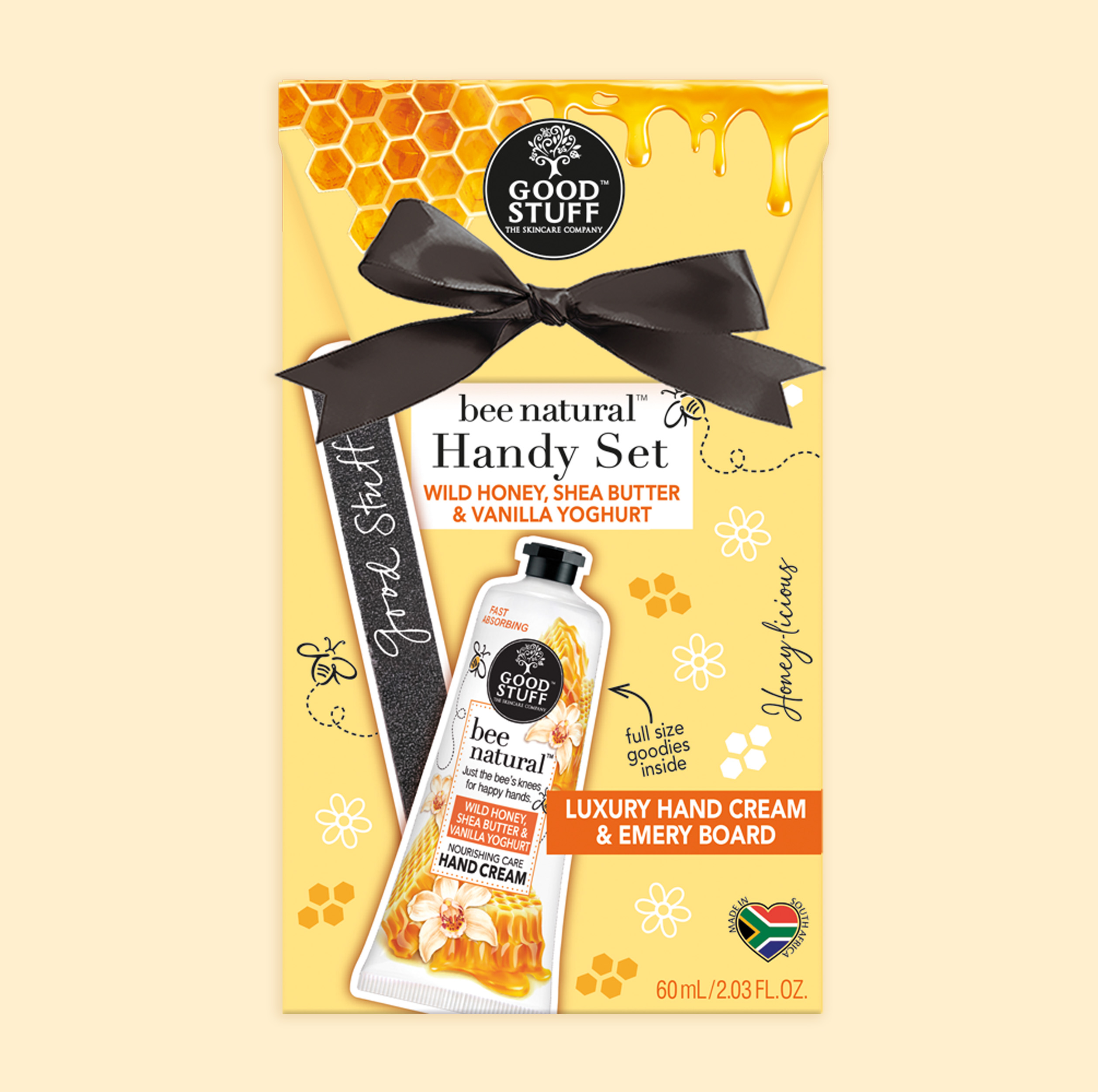 Good Stuff Bee Natural Wild Honey, Shea Butter & Vanilla Yoghurt Handy Set with Luxury Hand Cream & Emery Board.