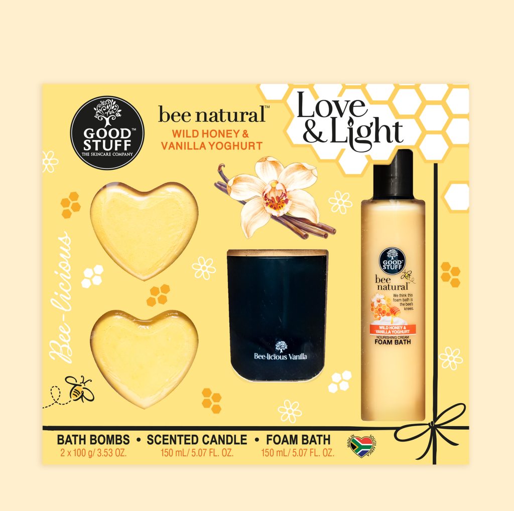 Good Stuff Bee Natural Wild Honey & Vanilla Yoghurt Love & Light with Bath Bombs, Bee-licious Scented Candle and Foam Bath.
