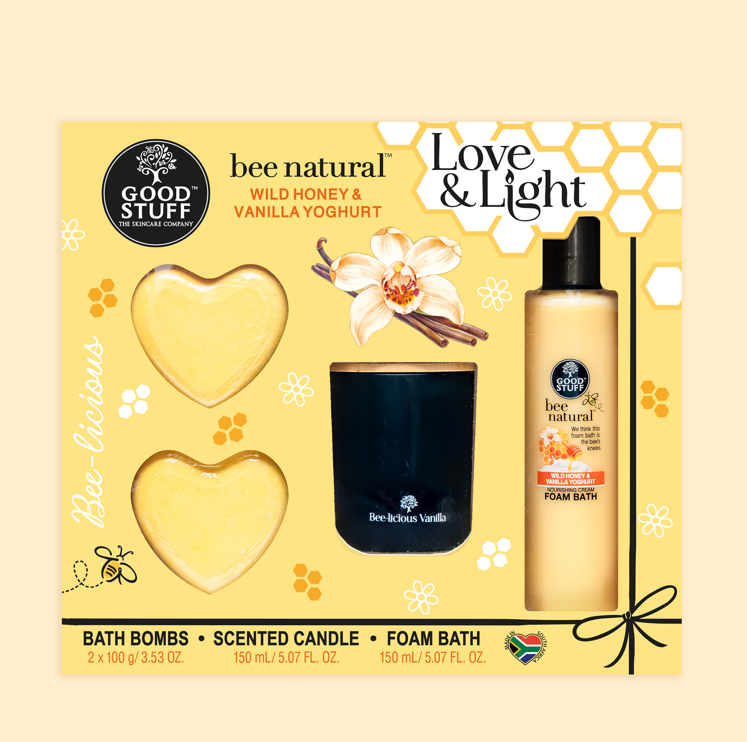 Good Stuff Bee Natural Wild Honey & Vanilla Yoghurt Love & Light with Bath Bombs, Bee-licious Scented Candle and Foam Bath.
