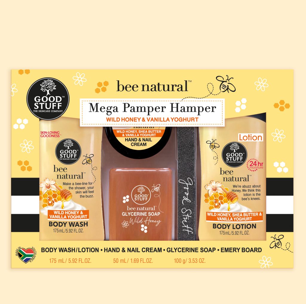 Good Stuff Bee Natural Wild Honey & Vanilla Yoghurt Mega Pamper Hamper with Body Wash, Body Lotion, Glycerine Soap, Hand & Nail Cream & Emery Board.