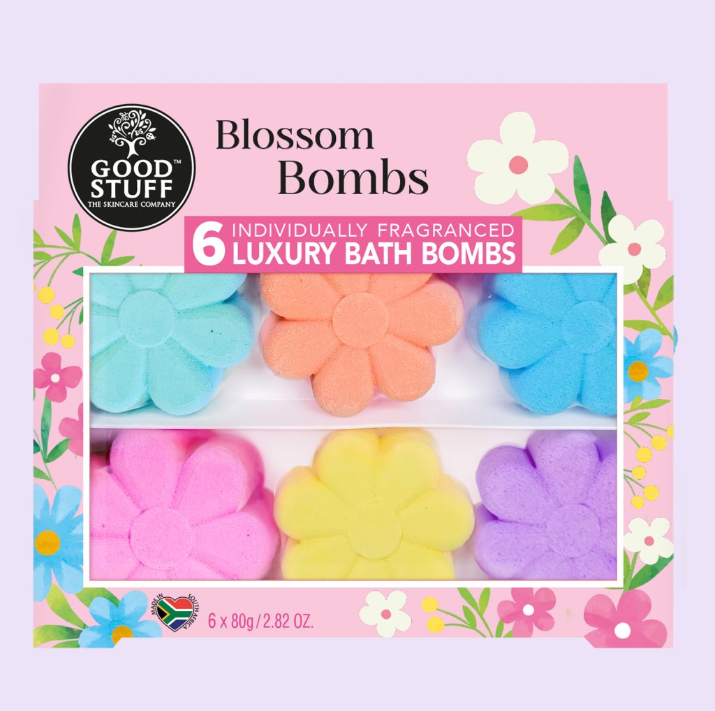 Good Stuff Blossom Bombs Luxury Fragranced Bath Bomb Gift with 6 individually fragranced flower-shaped bath bombs.