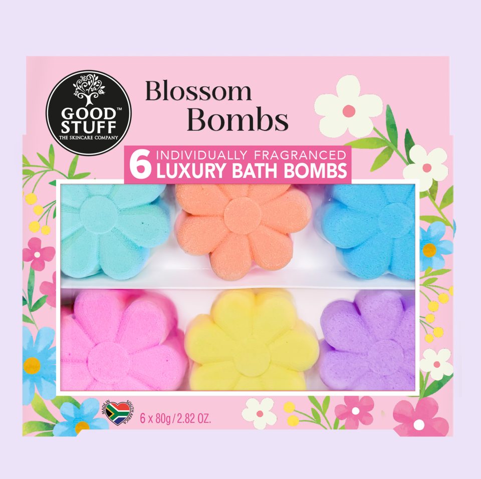 Good Stuff Blossom Bombs Luxury Fragranced Bath Bomb Gift with 6 individually fragranced flower-shaped bath bombs.