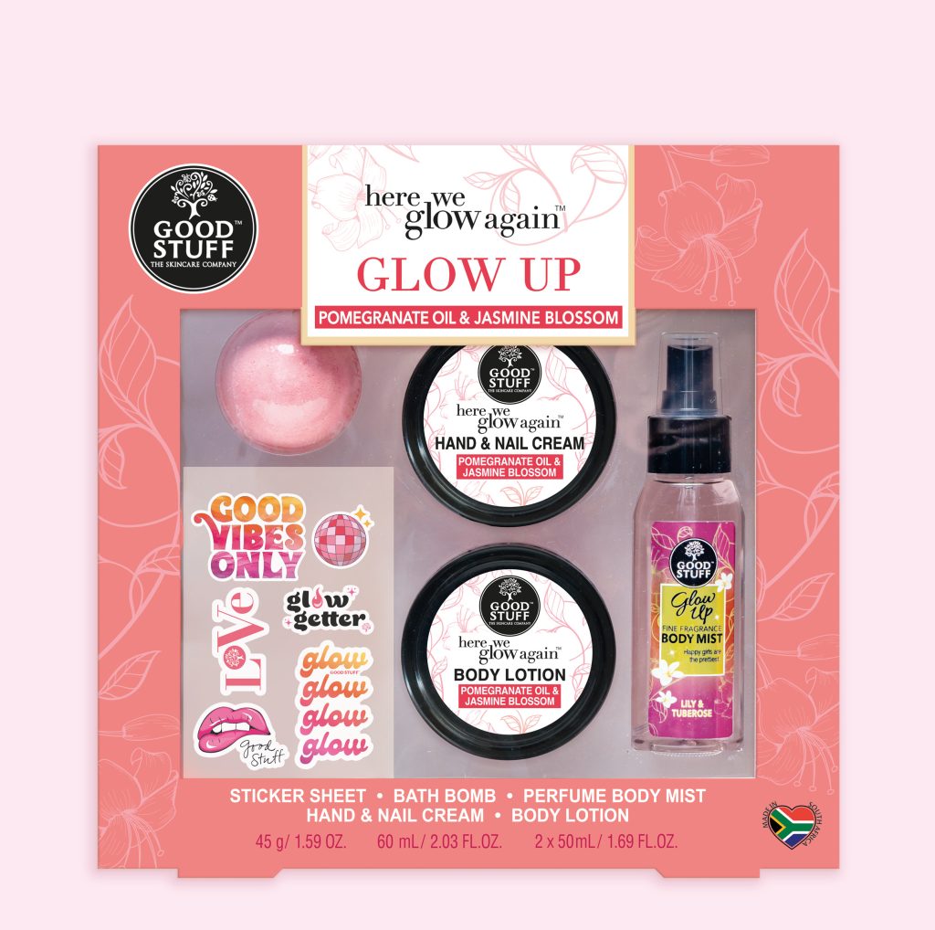 Good Stuff Here We Glow Again Pomegranate Oil and Jasmine Blossom Glow Up with Bath Bomb, Sticker Sheet, Hand Cream, Body Lotion and Glow Up Body Mist.