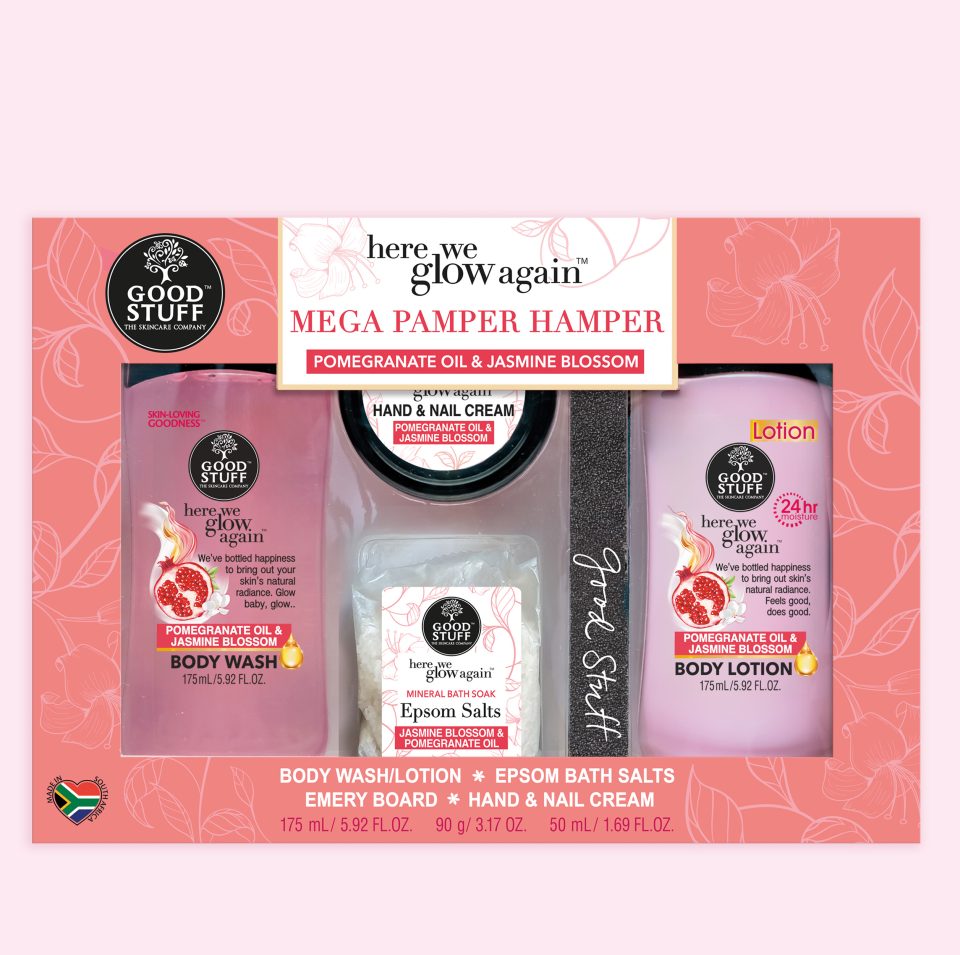 Good Stuff Here We Glow Again Pomegranate Oil and Jasmine Blossom Mega Pamper Hamper with Body Wash, Body Lotion, Pure Epsom Salts, Hand & Nail Cream & Emery Board.