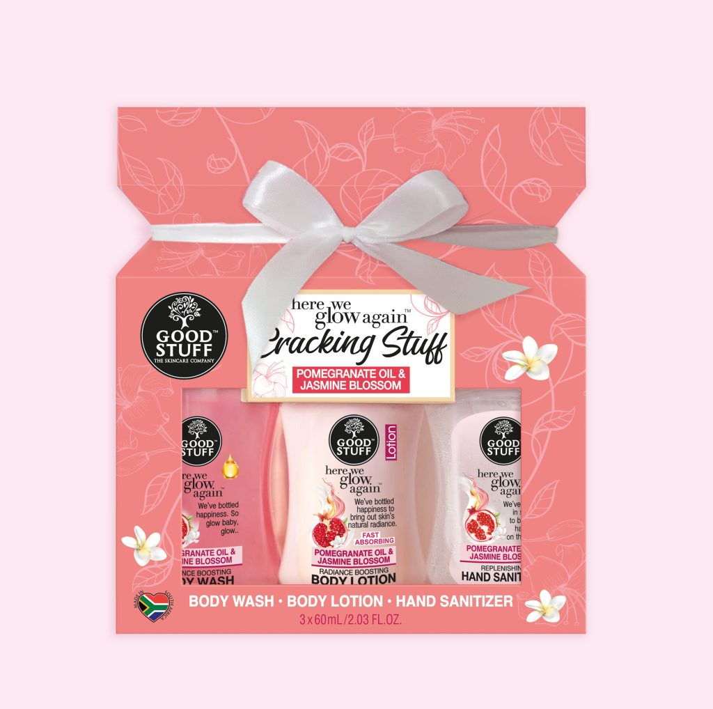 Good Stuff Here We Glow Again Pomegranate Oil & Jasmine Blossom Mini Cracking Stuff with Body Wash, Body Lotion & Hand Sanitizer