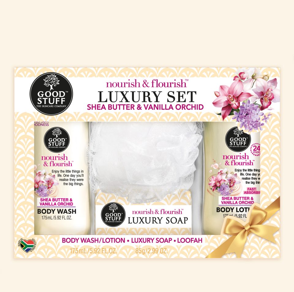 Good Stuff Nourish & Flourish Shea Butter & Vanilla Orchid Luxury Set with Body Wash, Body Lotion, Luxury Soap & Loofah.