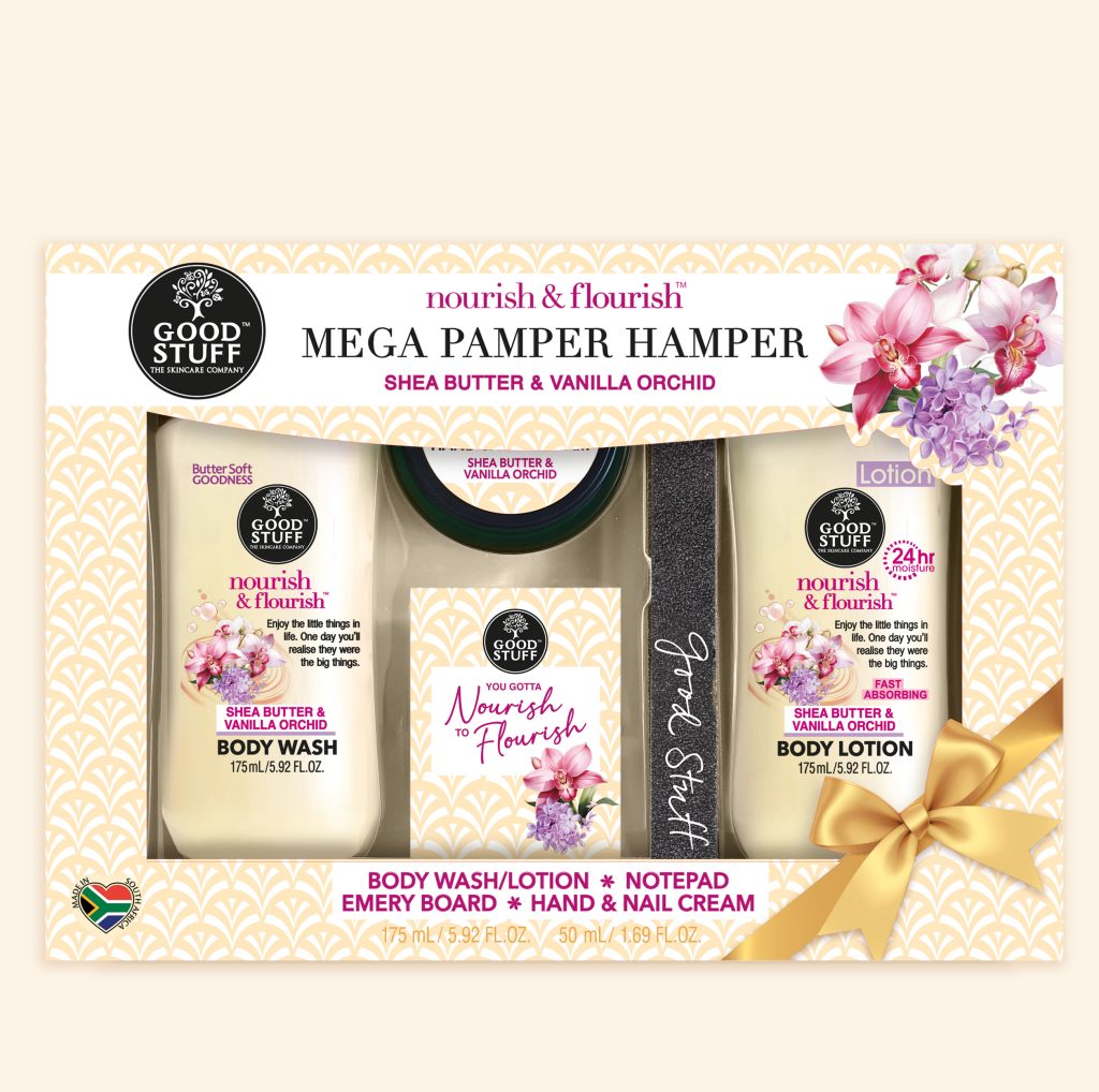 Good Stuff Nourish & Flourish Shea Butter & Vanilla Orchid Mega Pamper Hamper with Body Wash, Body Lotion, Note Pad, Hand & Nail Cream & Emery Board.