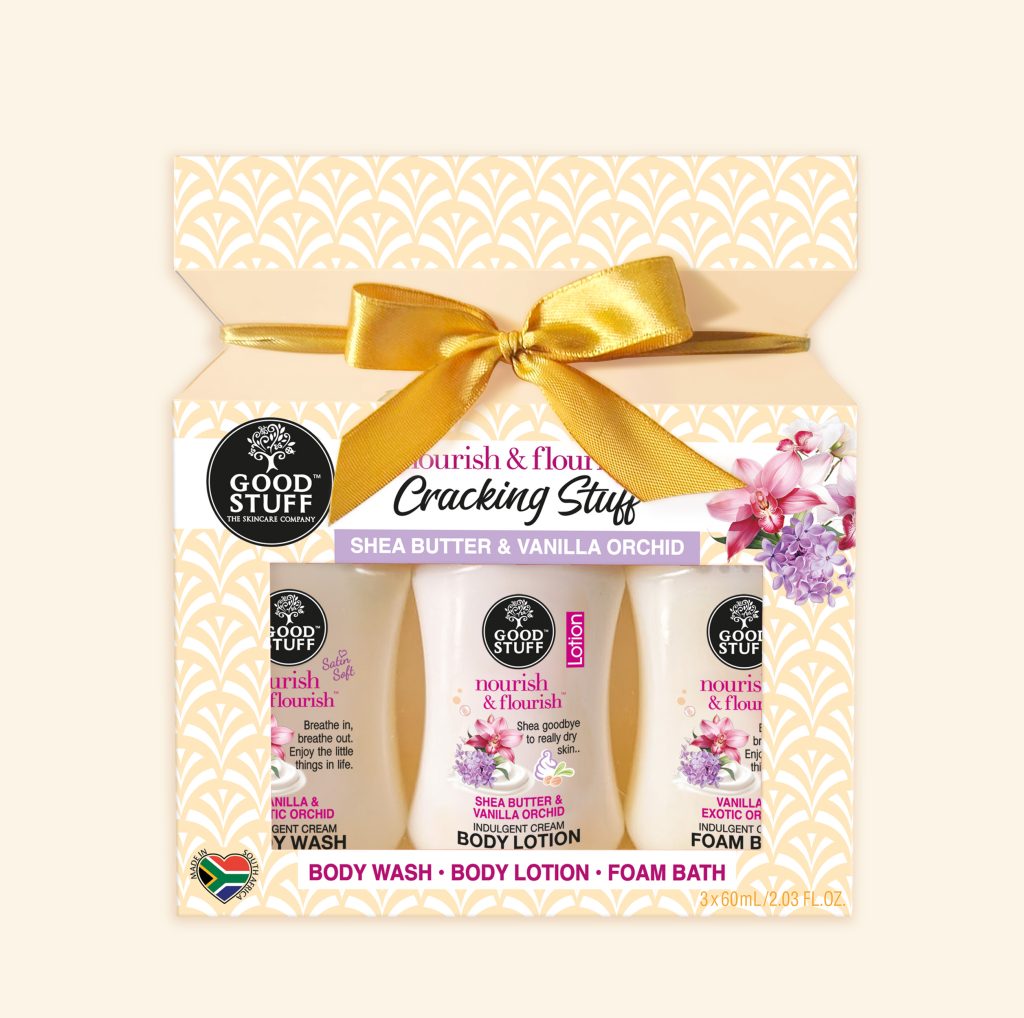 Good Stuff Nourish & Flourish Shea Butter & Vanilla Orchid Mini Cracking Stuff with Body Wash, Body Lotion & Hand Cream.