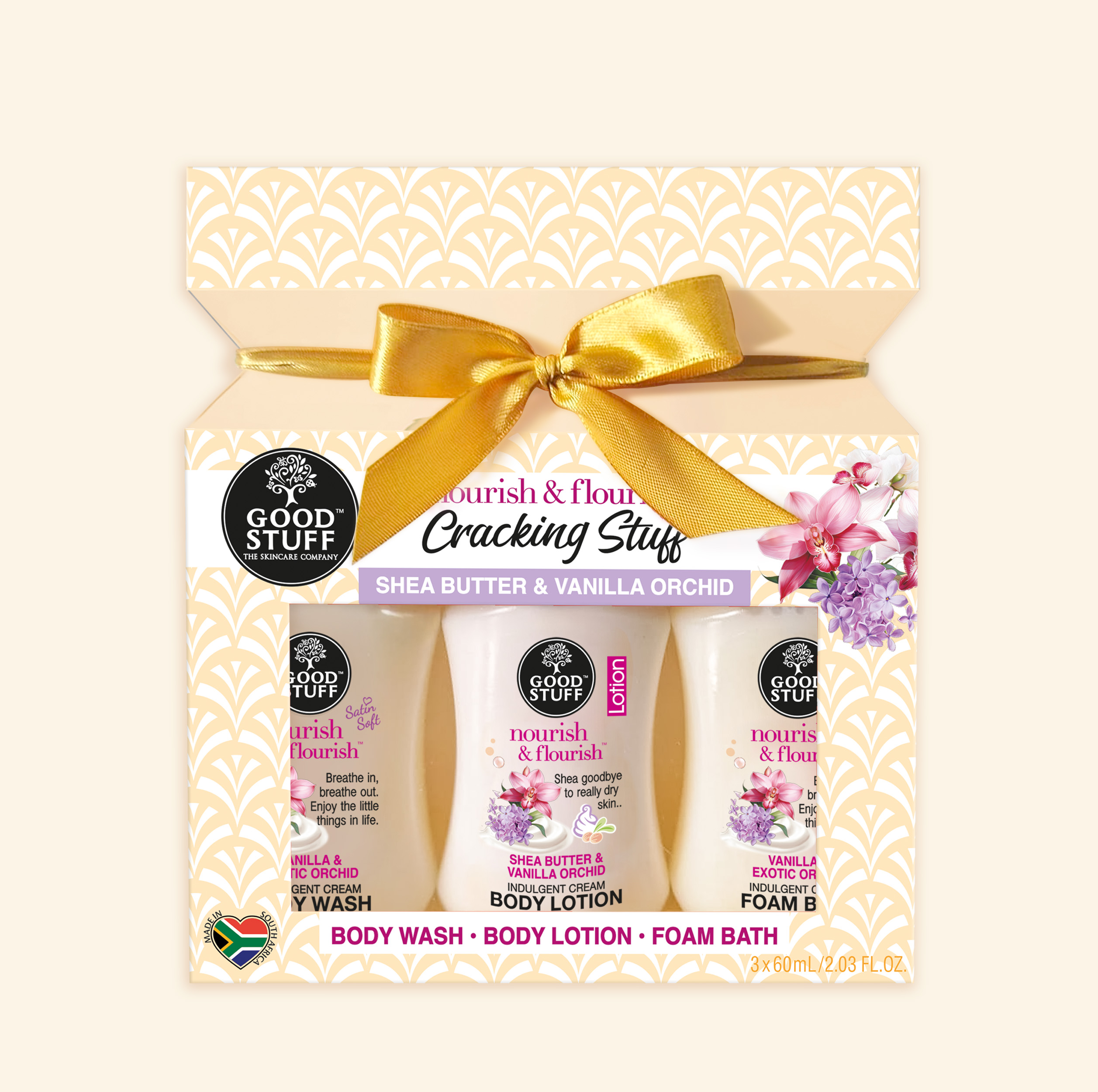 Good Stuff Nourish & Flourish Shea Butter & Vanilla Orchid Mini Cracking Stuff with Body Wash, Body Lotion & Hand Cream.