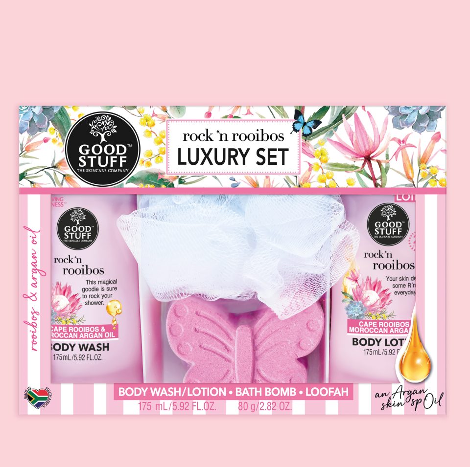 Good Stuff Rock 'n Rooibos Moroccan Argan Oil & Cape Rooibos Luxury Set with Body Wash, Body Lotion, Butterfly Bath Bomb & Loofah.