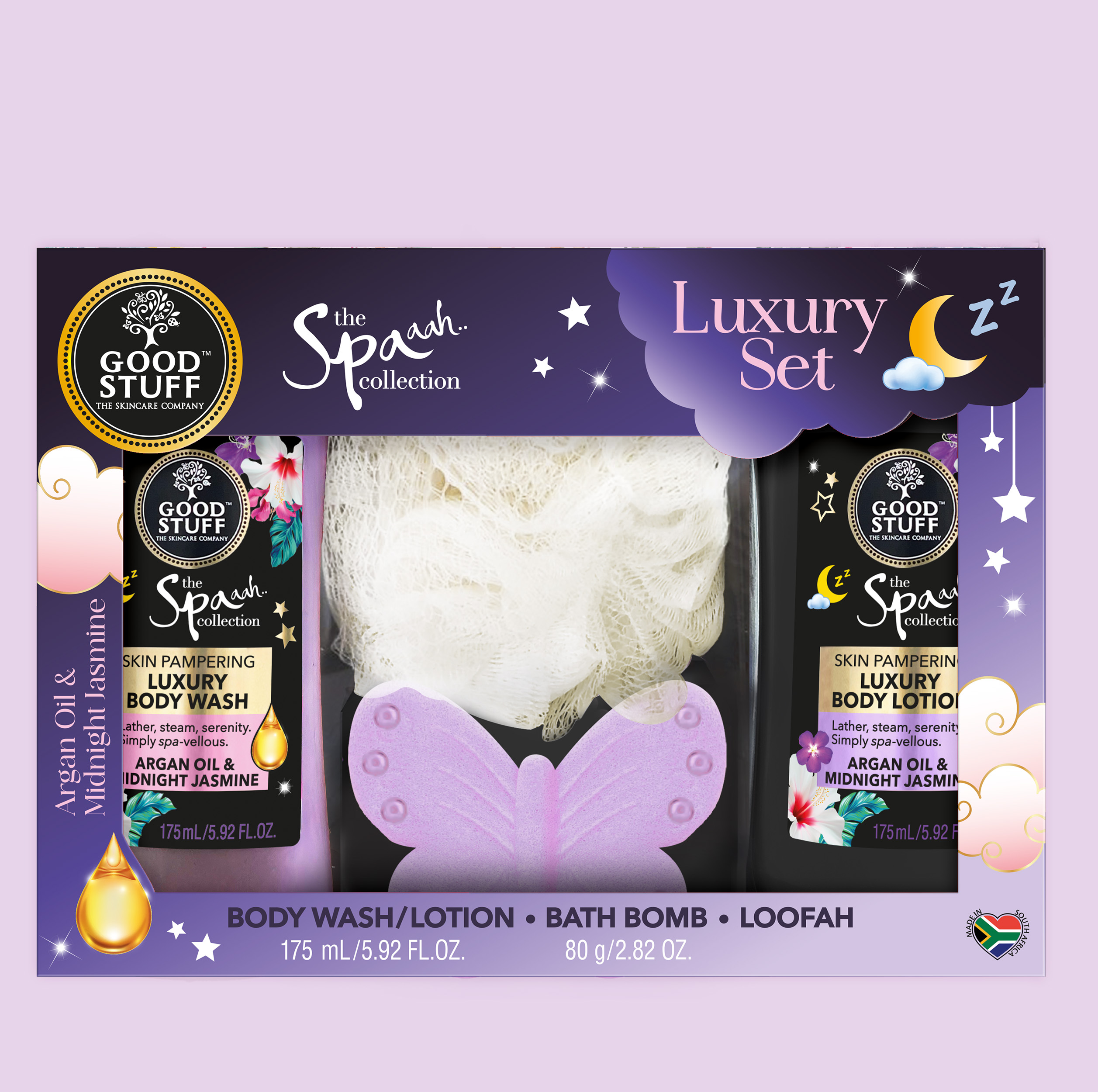 Good Stuff Spaahh Collection Argan Oil & Midnight Jasmine Luxury Set Gift with Body Wash, Body Lotion, Butterfly Bath Bomb & Loofah