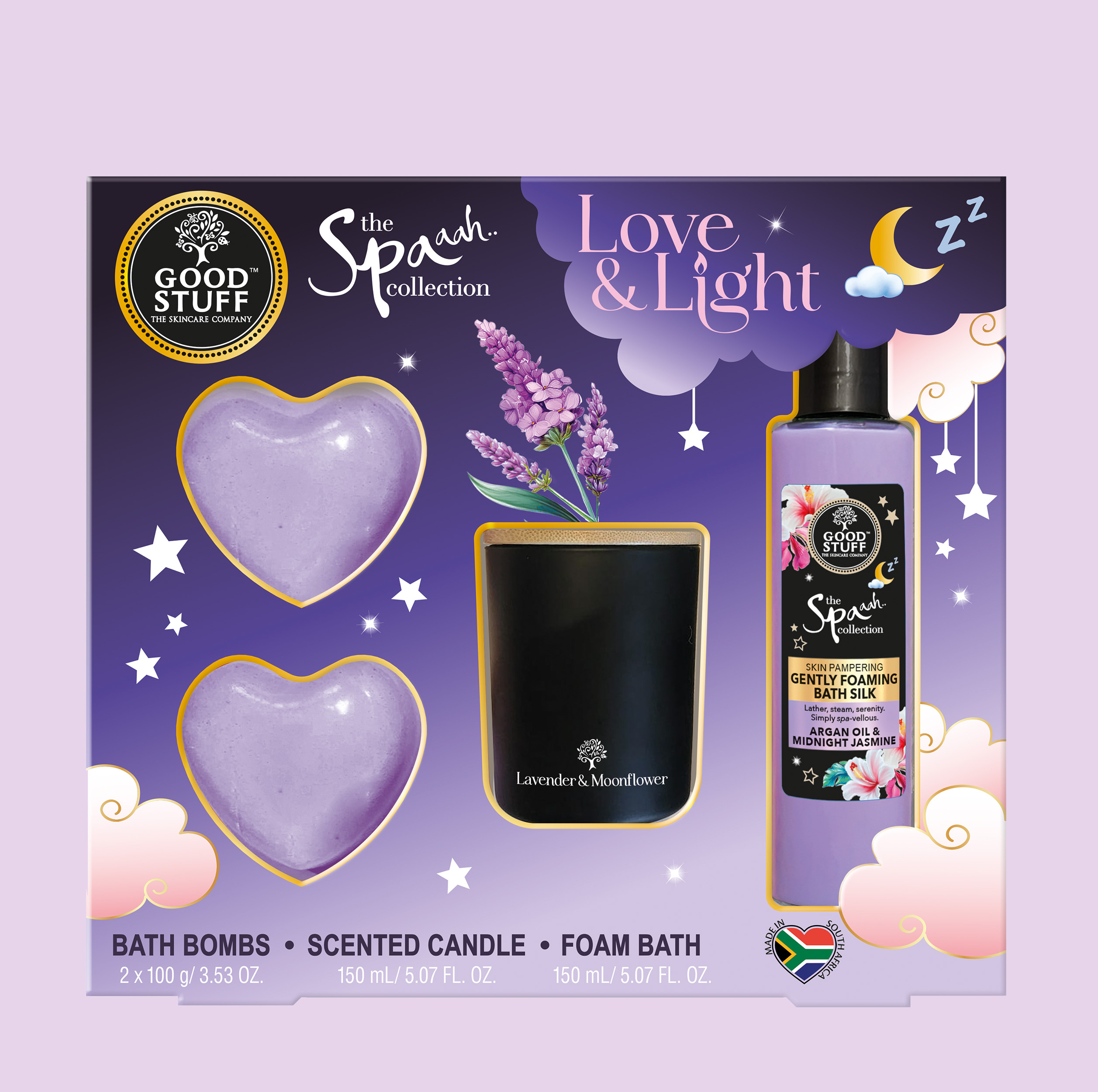 Good Stuff Spa Argan Oil & Midnight Jasmine Love & Light gift with Heart Bath bombs, Scented Candle and Luxury Foam Bath.