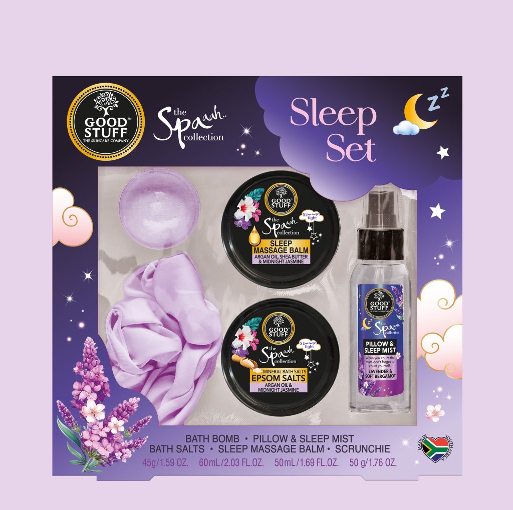 Good Stuff Spaah Argan Sleep Set Gift with Bath Bomb, Satin Scrunchie, Hand Cream, Body Lotion and Pillow Mist