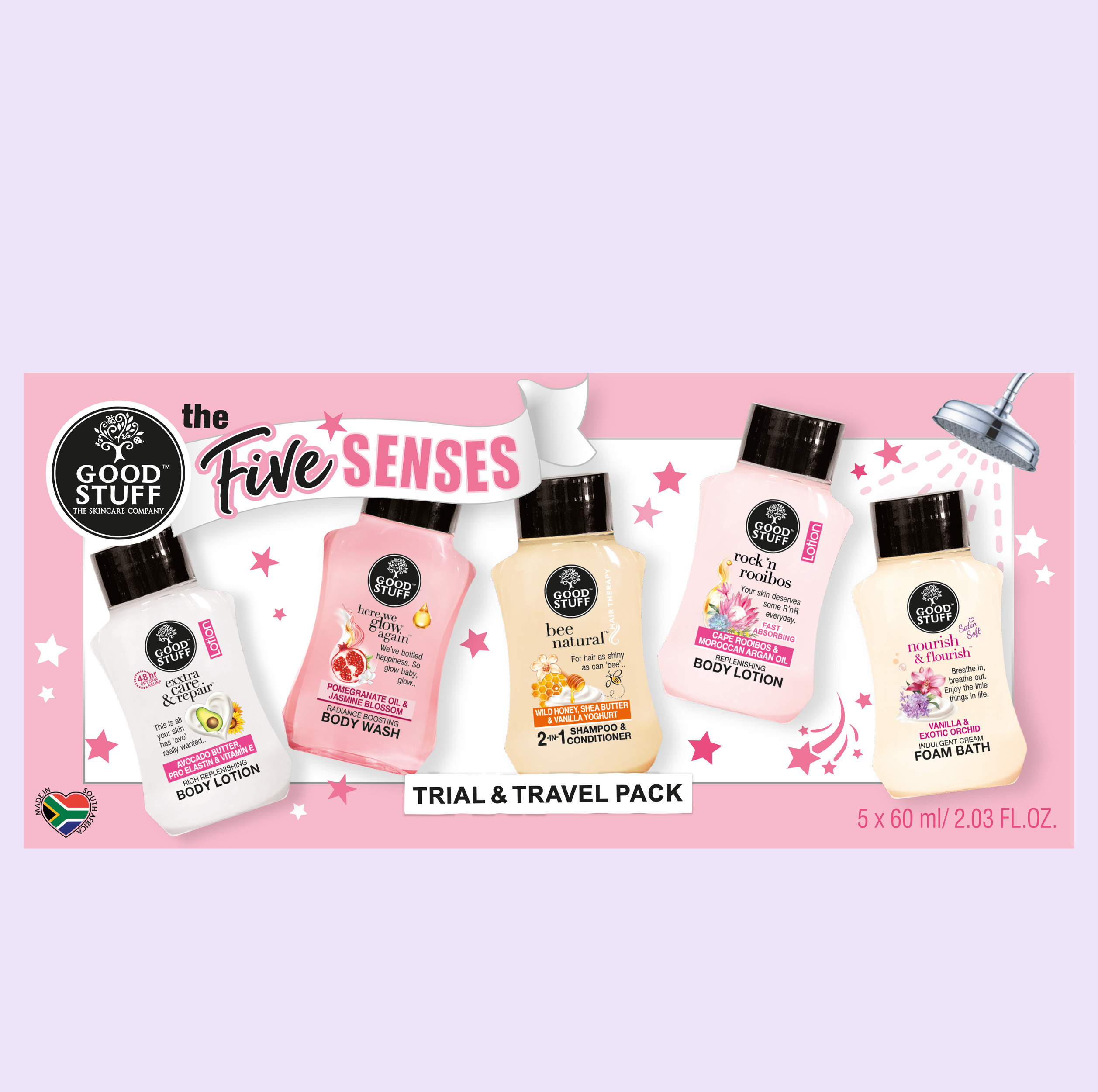 Good Stuff The Five Senses Gift with 5 x 60ml mini products: Rock 'n Rooibos Body Lotion, Here We Glow Again Body Wash, Bee Natural Shampoo & Conditioner, Exxtra Care & Repair Body Lotion, and Nourish & Flourish Foam Bath