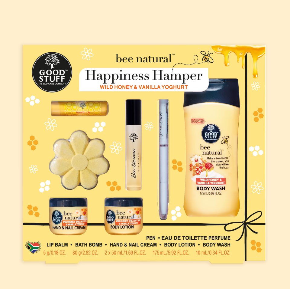 Good Stuff Bee Natural Wild Honey & Vanilla Yoghurt Happiness Hamper with Lip Balm, Bath Bomb, Hand & Nail Cream, Body Lotion, Eau De Toilette Perfume, Pen and Body Wash.