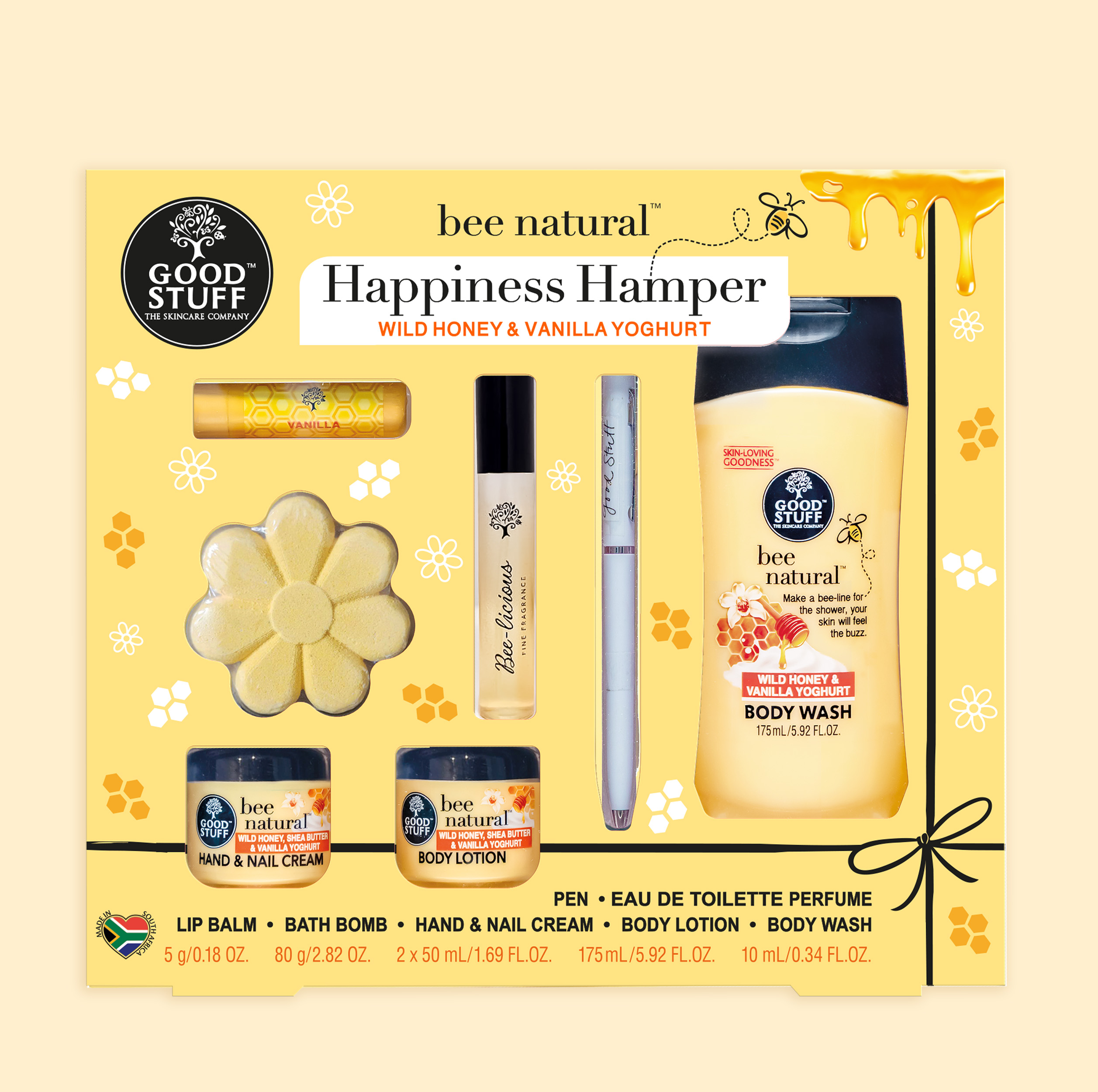 Good Stuff Bee Natural Wild Honey & Vanilla Yoghurt Happiness Hamper with Lip Balm, Bath Bomb, Hand & Nail Cream, Body Lotion, Eau De Toilette Perfume, Pen and Body Wash.