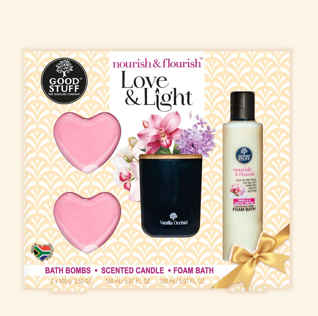Good Stuff Nourish & Flourish Shea Butter & Vanilla Orchid Love & Light gift with Heart Bath bombs, Scented Candle and Luxury Foam Bath.