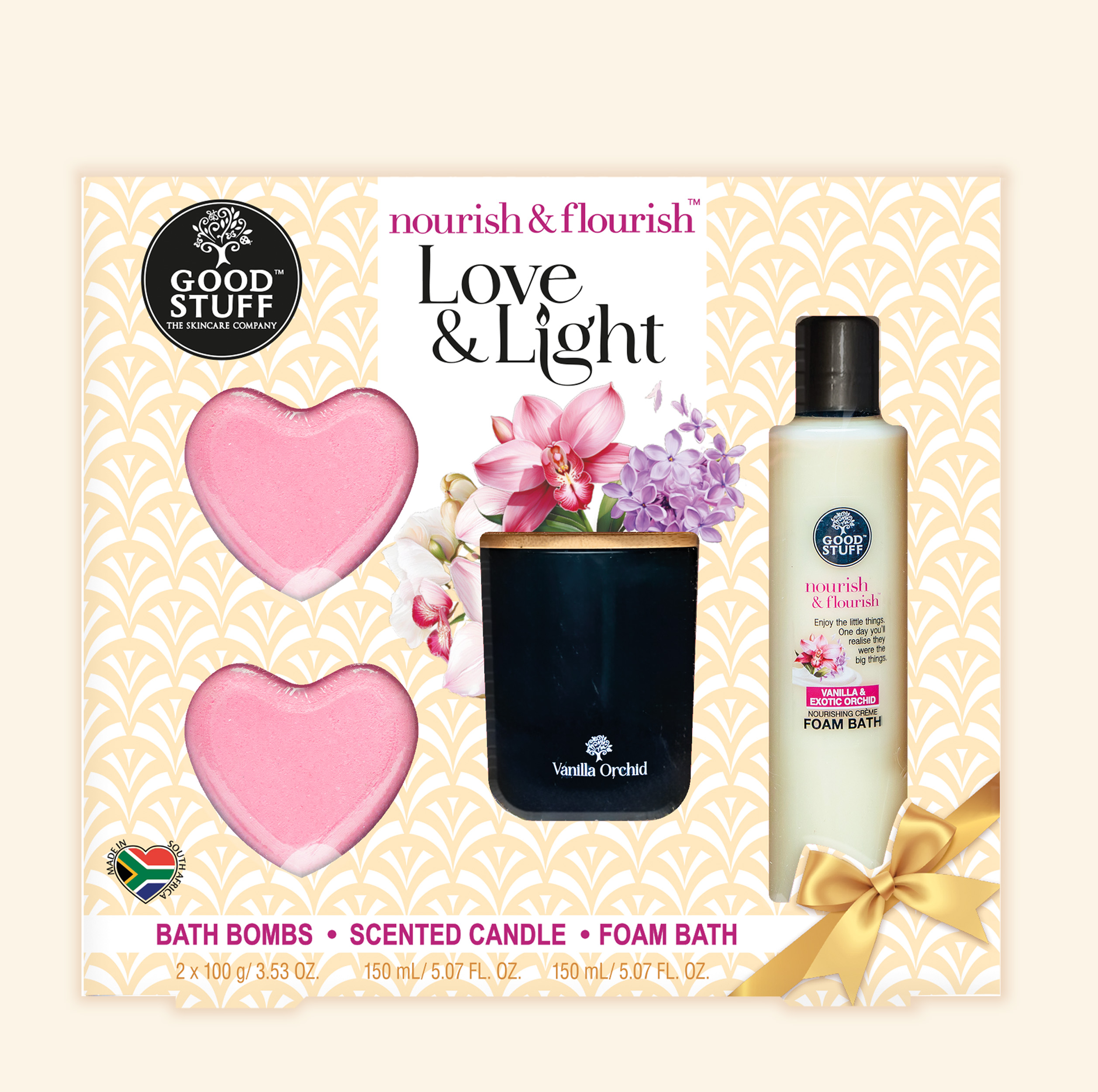 Good Stuff Nourish & Flourish Shea Butter & Vanilla Orchid Love & Light gift with Heart Bath bombs, Scented Candle and Luxury Foam Bath.