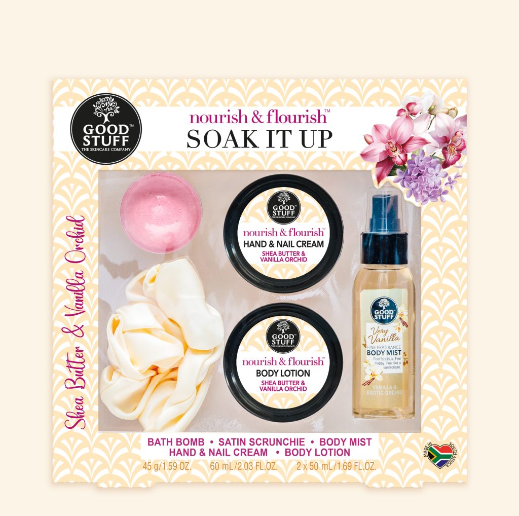 Good Stuff Nourish & Flourish Soak It Up Gift with Bath Bomb, Satin Scrunchie, Hand Cream, Body Lotion and Very Vanilla Body Mist