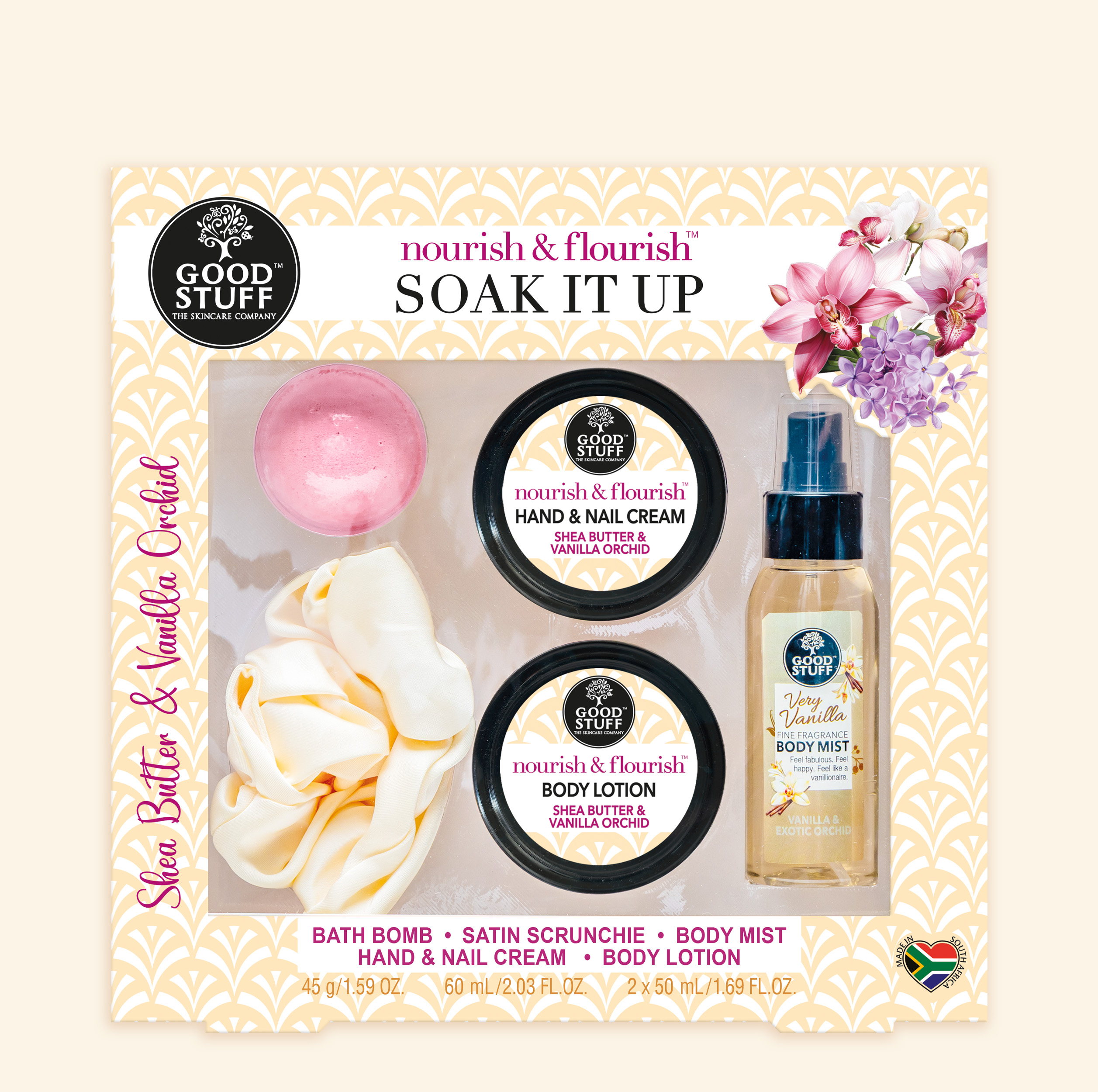 Good Stuff Nourish & Flourish Soak It Up Gift with Bath Bomb, Satin Scrunchie, Hand Cream, Body Lotion and Very Vanilla Body Mist
