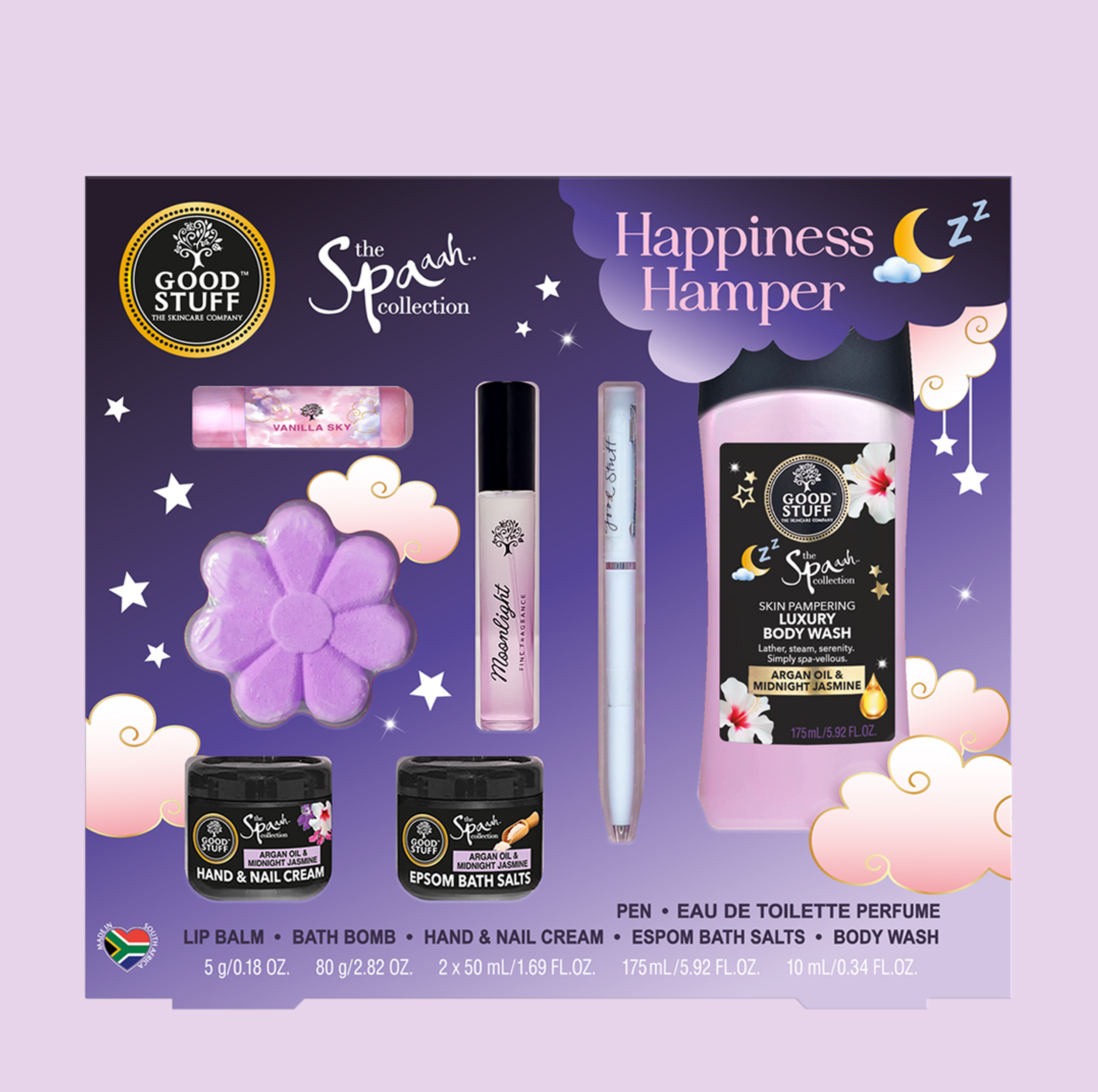 Good Stuff Spa Argan Oil Happiness Hamper with Lip Balm, Bath Bomb, Hand & Nail Cream, Body Lotion, EDT Perfume, Pen and Body Wash.
