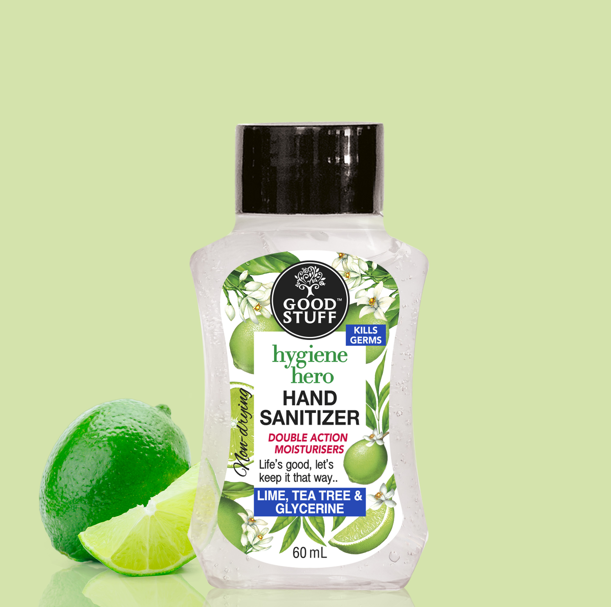 Good Stuff Hygiene Hero 60ml Gel Hand Sanitizer with Lime, Tea Tree & Glycerine.